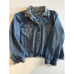Vintage Womens Denim XXL Jacket With Floral Collar Rolled Hem Trucker Bohohemian